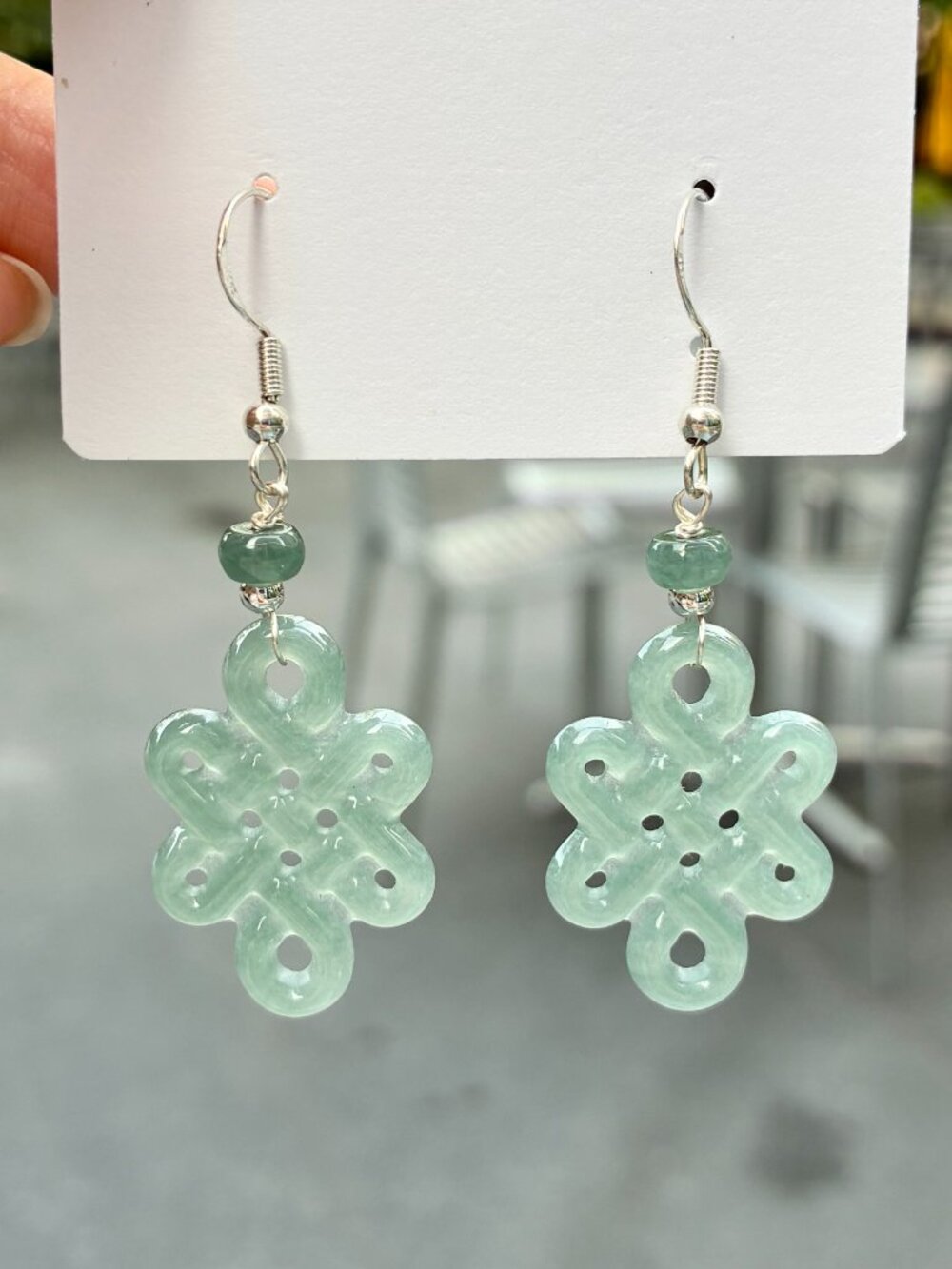 Chinese Knot Jadeite Earrings - Blue Water Jadeite 藍水翡翠
